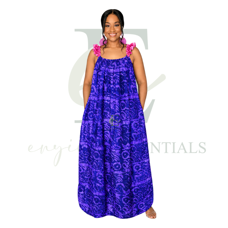 Purple African Print Maxi Dress with Ruffle Straps | Free Size (S–3XL)