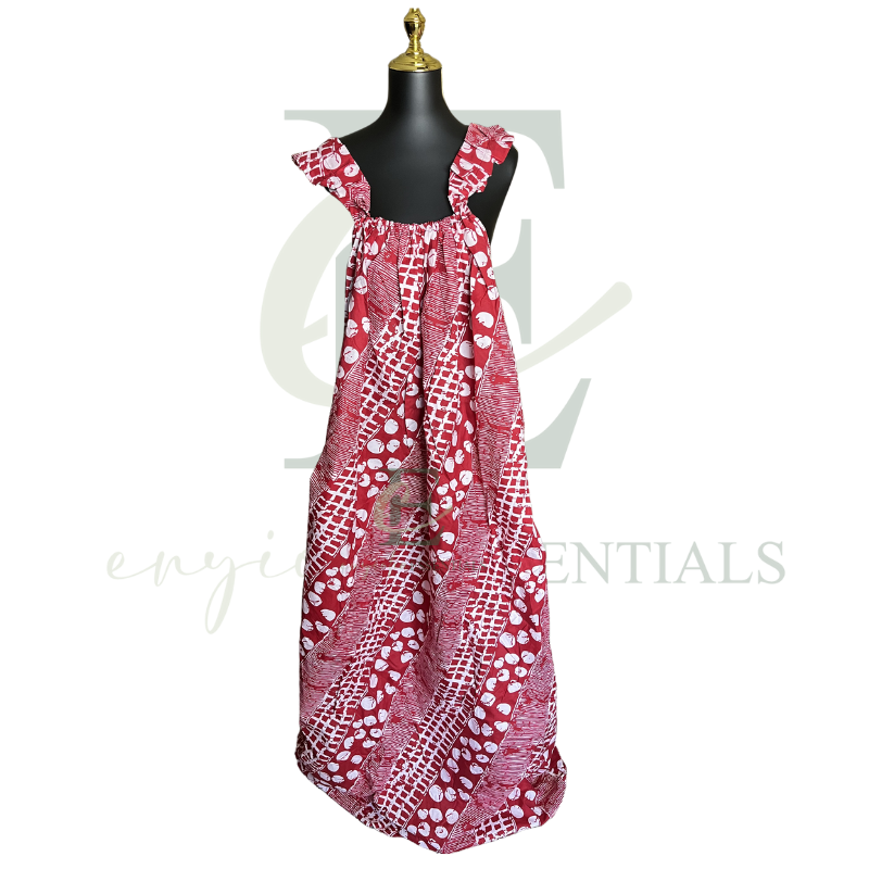 Red African Print Maxi Dress with Ruffle Straps | Free Size (S–2XL)