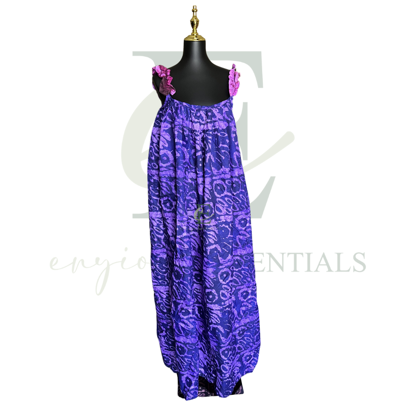 Purple African Print Maxi Dress with Ruffle Straps | Free Size (S–3XL)