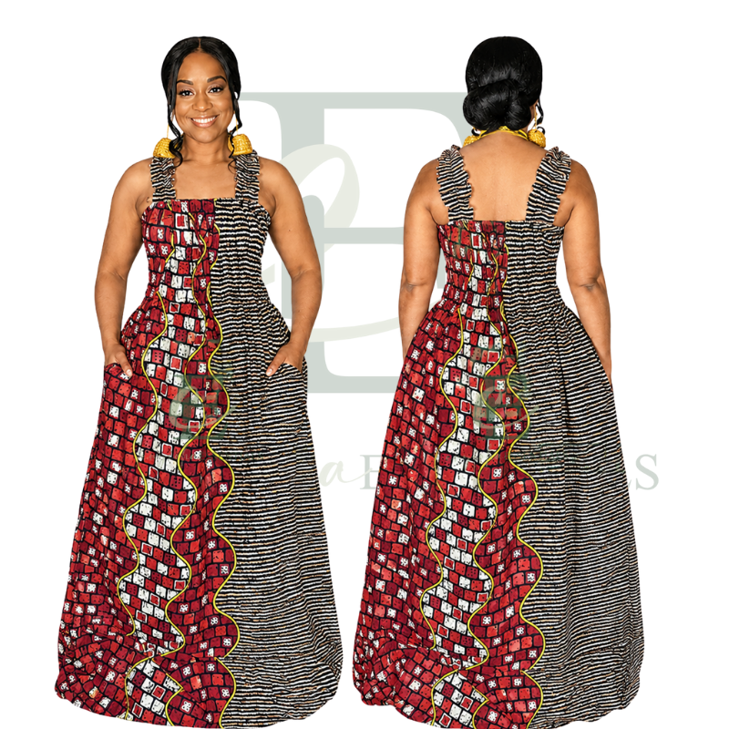 Geometric Print Maxi Dress with Ruffle Straps | Free Size (S–XL)