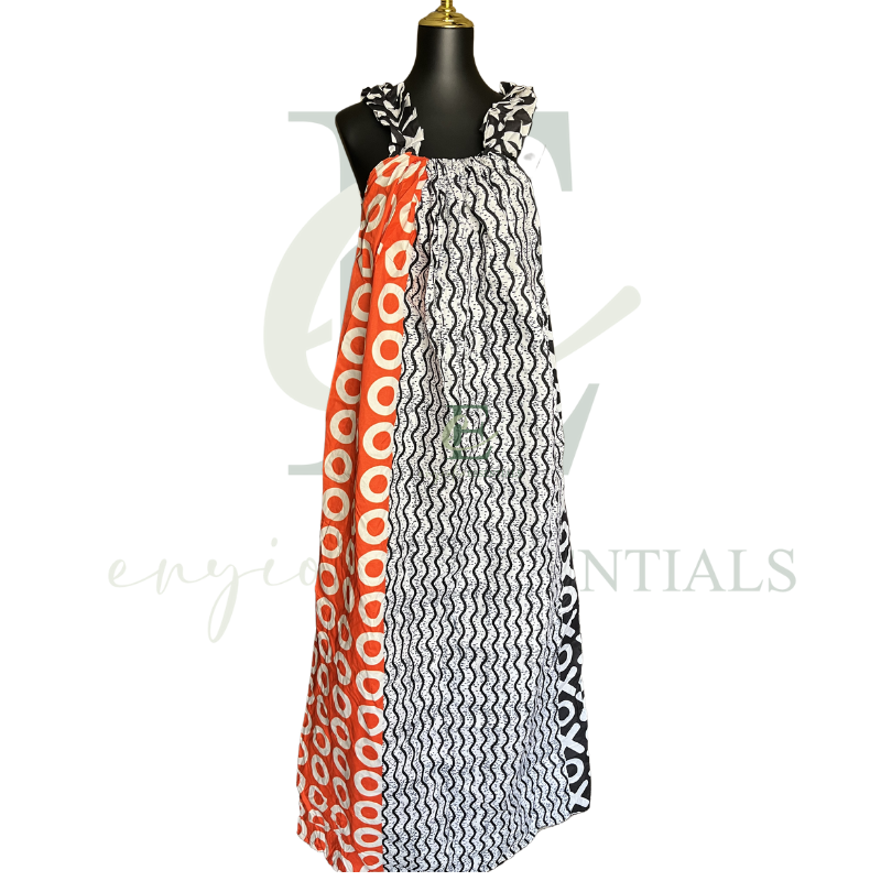 Orange Black XO African Print Maxi Dress with Ruffle Straps | Free Size (S–XXL)