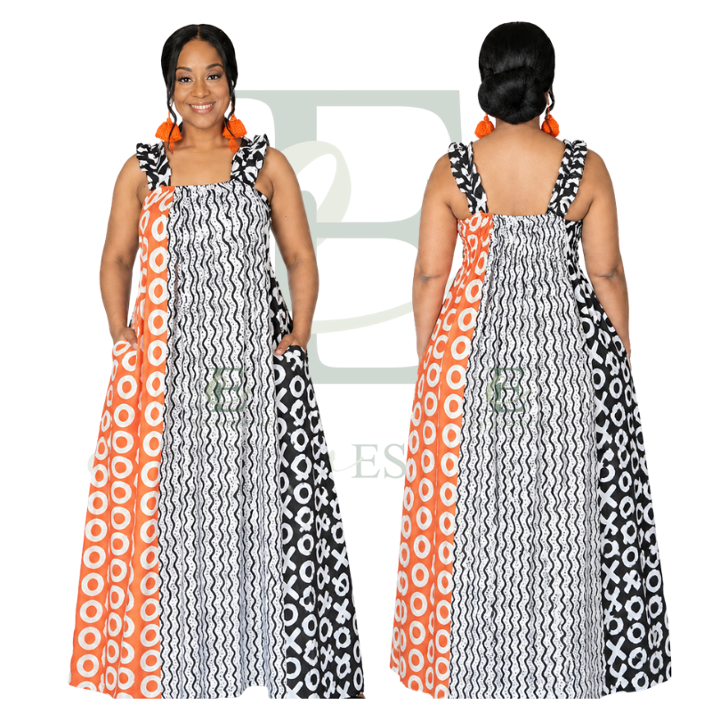 Orange Black XO African Print Maxi Dress with Ruffle Straps | Free Size (S–XXL)