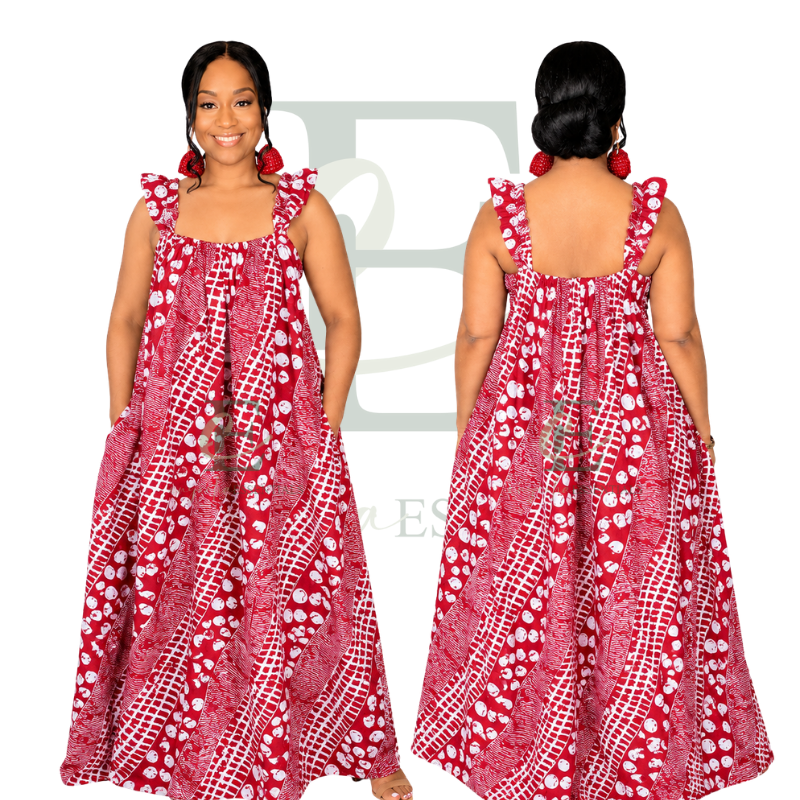 Red African Print Maxi Dress with Ruffle Straps | Free Size (S–2XL)