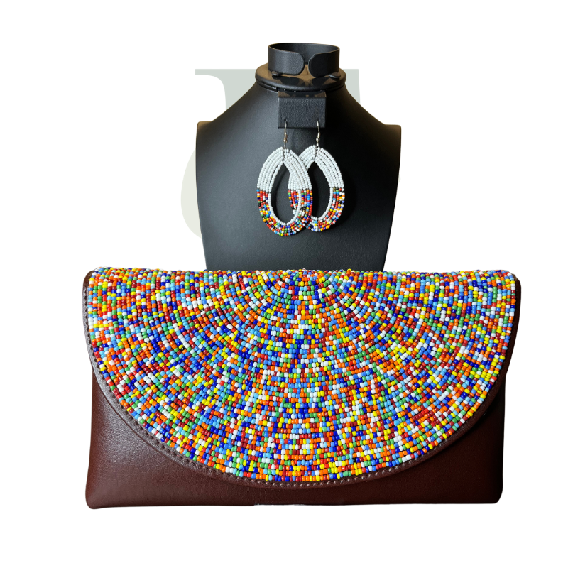 Handmade Beaded Multicolor Envelope Clutch with Matching Hoop Earrings
