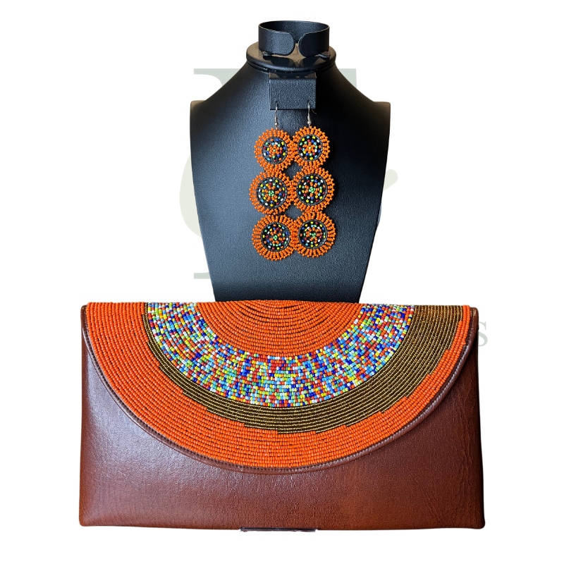 Handmade Beaded Orange and Brown Clutch with Matching Earrings