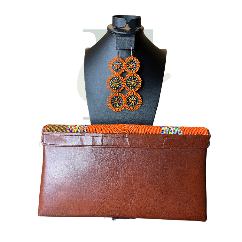 Handmade Beaded Orange and Brown Clutch with Matching Earrings