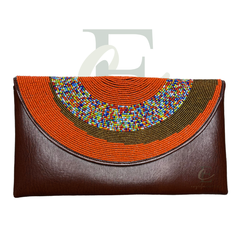 Handmade Beaded Orange and Brown Clutch with Matching Earrings