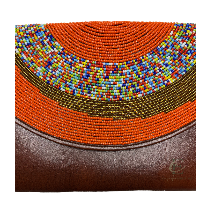 Handmade Beaded Orange and Brown Clutch with Matching Earrings