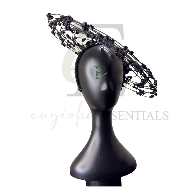 Black Beaded Wire Halo Fascinator with Floral Accents