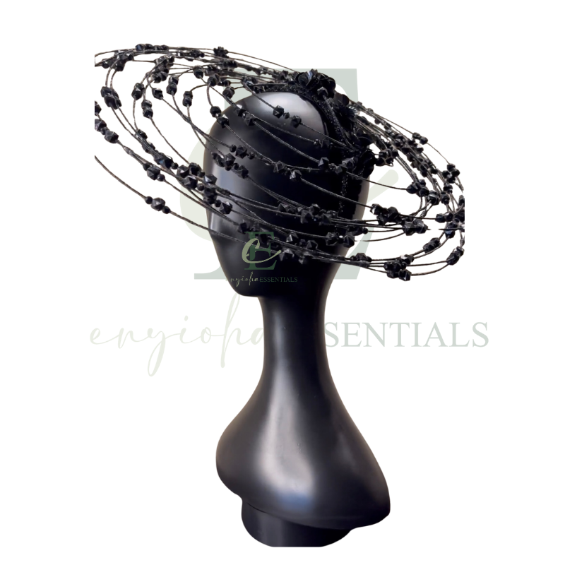 Black Beaded Wire Halo Fascinator with Floral Accents