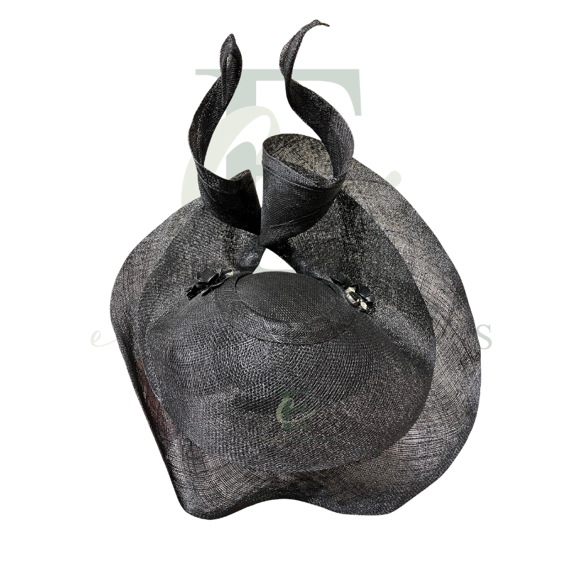 Black Sinamay Couture Fascinator Hat w/Lap Handkerchief