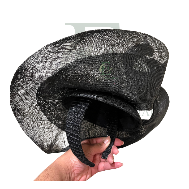 Black Sinamay Couture Fascinator Hat w/Lap Handkerchief