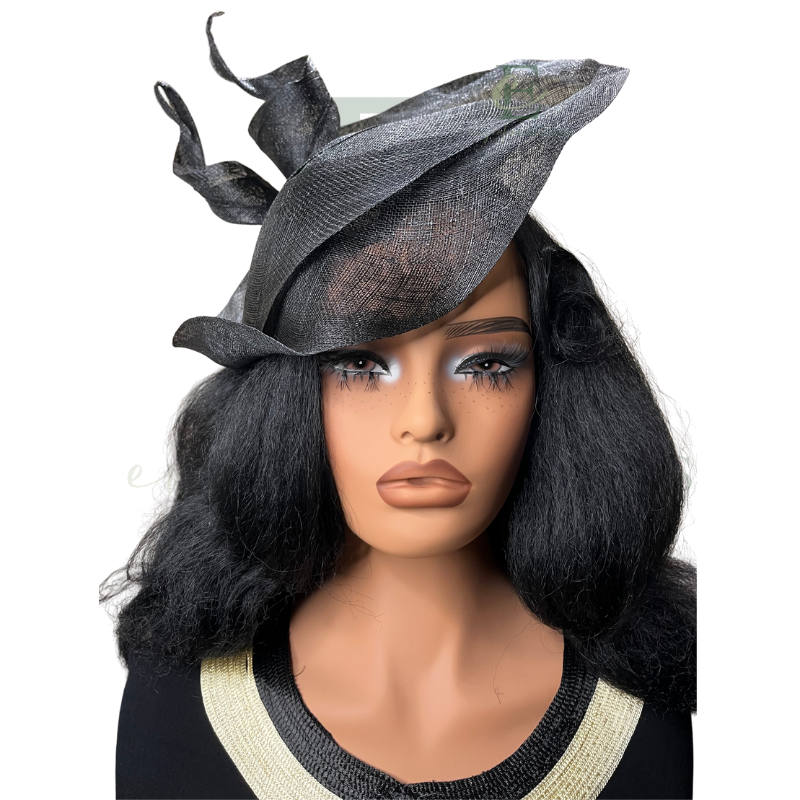 Black Sinamay Couture Fascinator Hat w/Lap Handkerchief