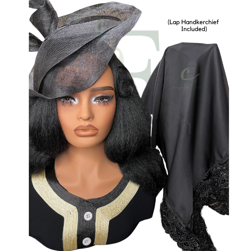 Black Sinamay Couture Fascinator Hat w/Lap Handkerchief