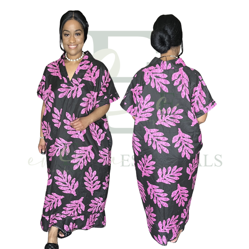 Black & Pink Leaf Print Boubou Dress