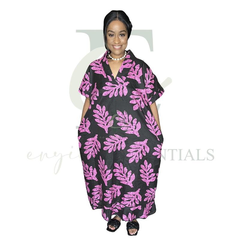 Black & Pink Leaf Print Boubou Dress