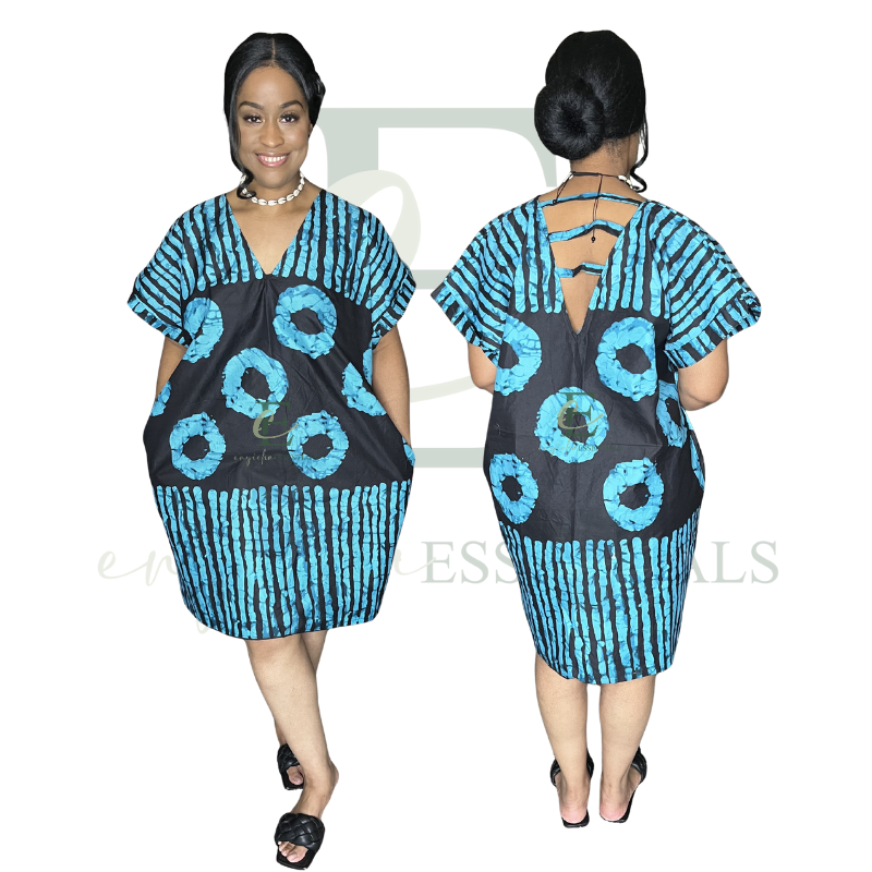 Black & Turquoise Print Open Back Short Boubou