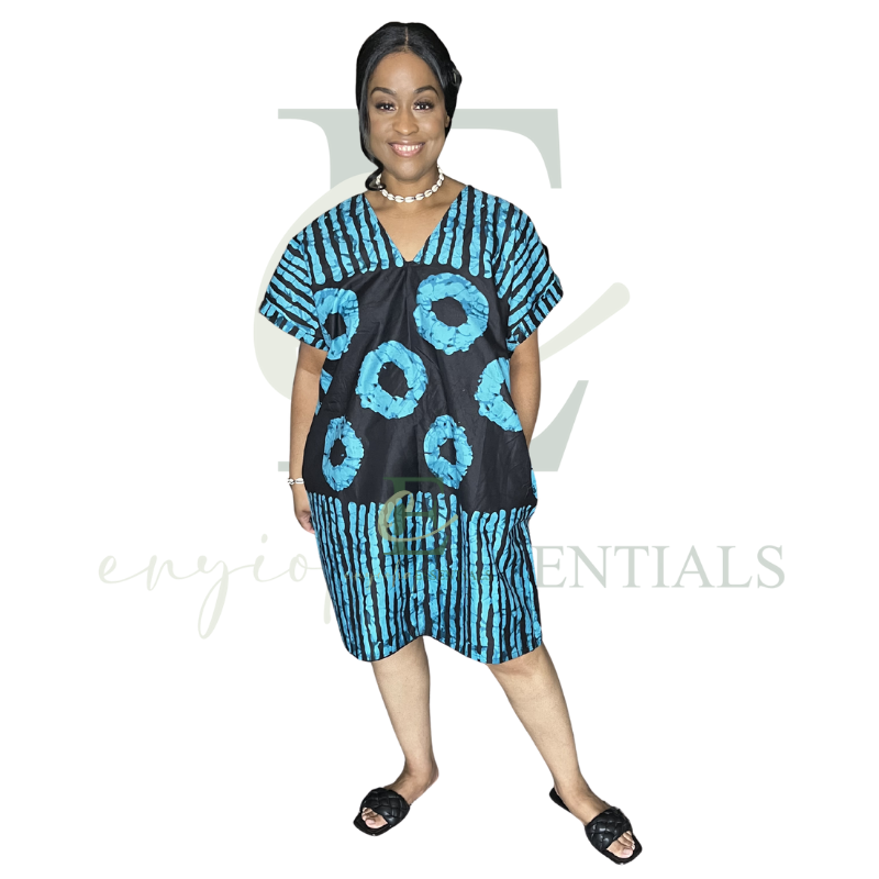 Black & Turquoise Print Open Back Short Boubou