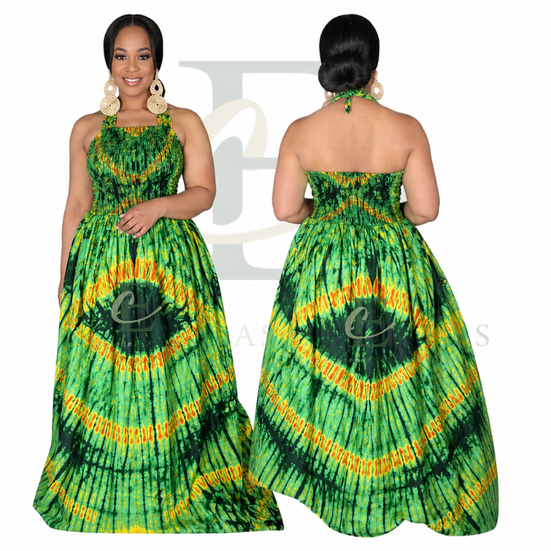 Boho Green Tie-Dye Halter Long Maxi Dress