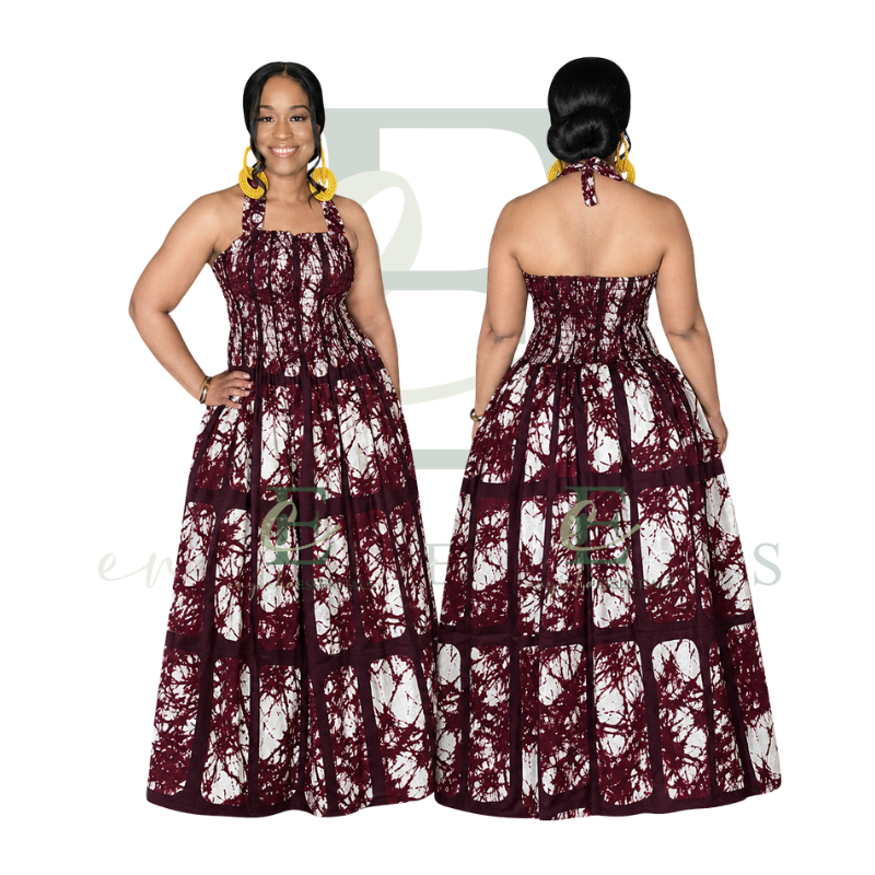 Burgundy African Print Halter Long Maxi Dress