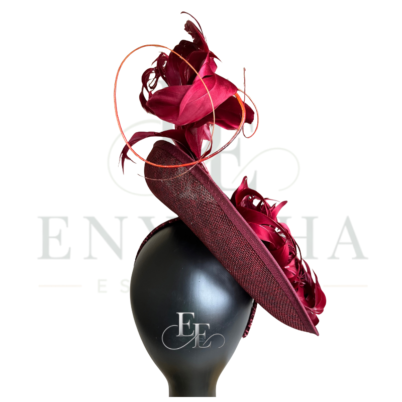 Burgundy Feather Sinamay Fascinator