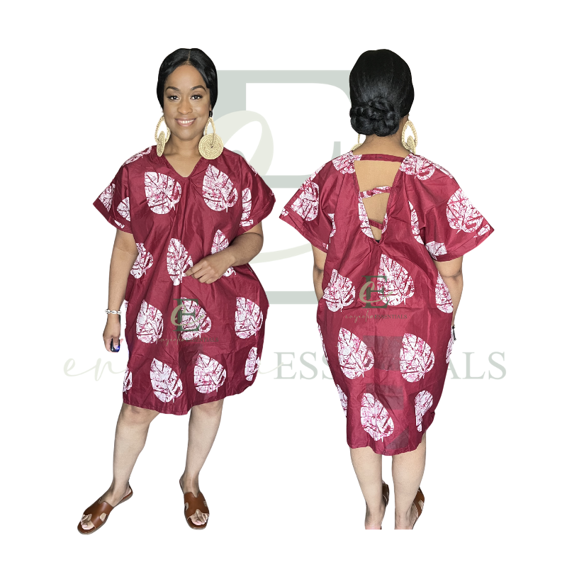 Maroon Leaf Print Open Back Short Boubou