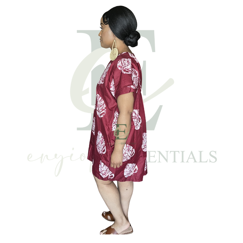 Maroon Leaf Print Open Back Short Boubou