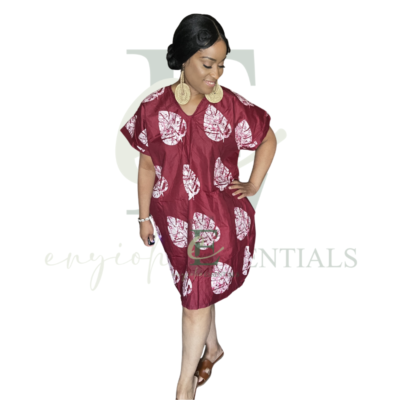 Maroon Leaf Print Open Back Short Boubou