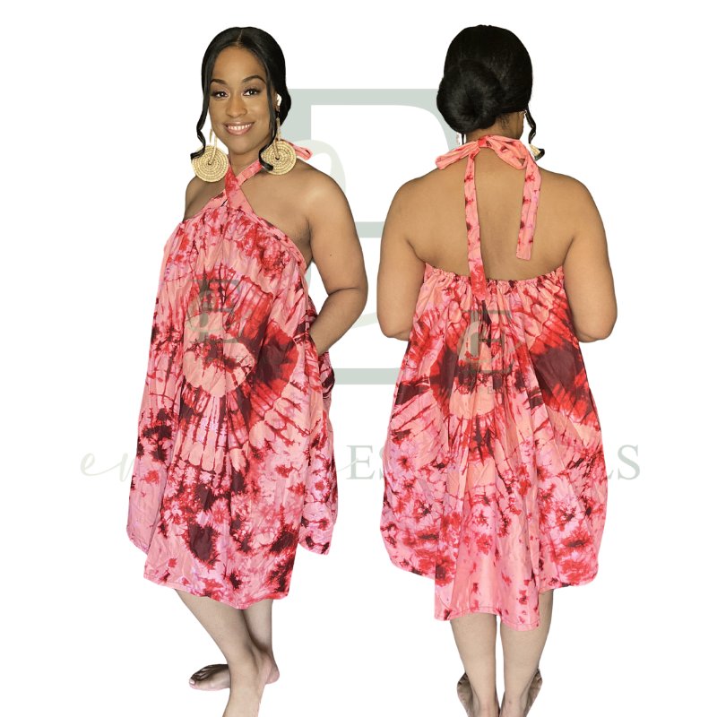 Coral Tie-Dye Halter Swing Dress