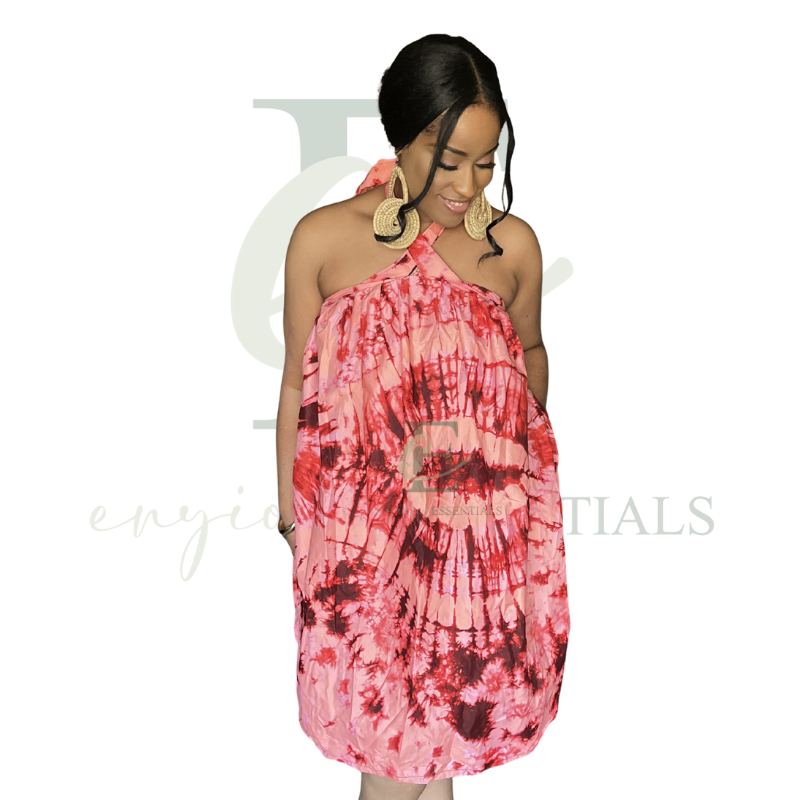 Coral Tie-Dye Halter Swing Dress