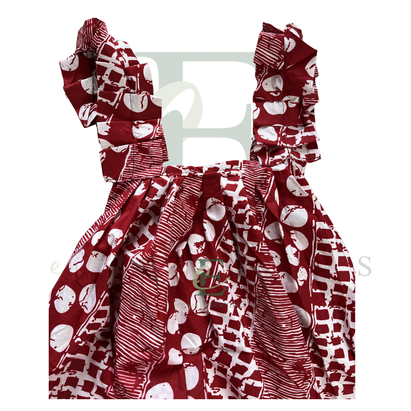 Red African Print Maxi Dress with Ruffle Straps | Free Size (S–2XL)