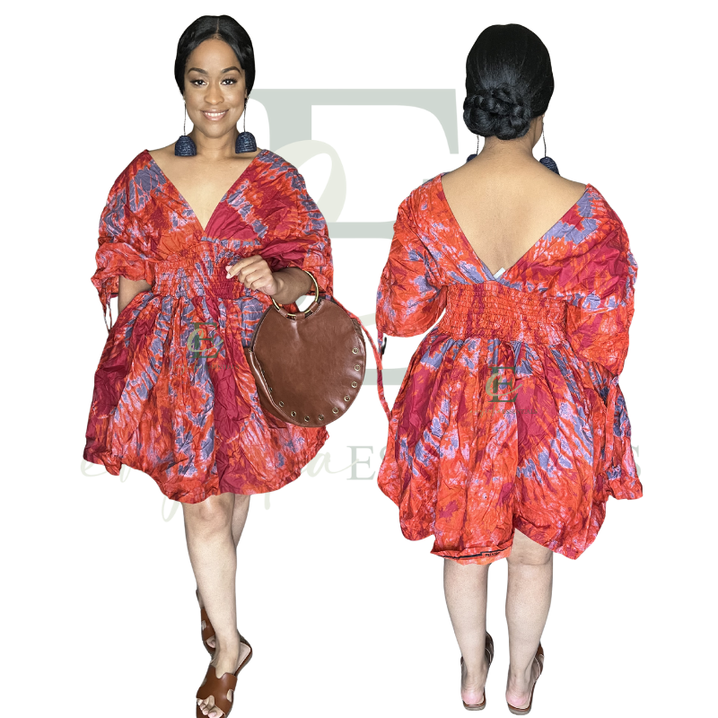 Fiery Coral Tie-Dye Smocked Mini Dress