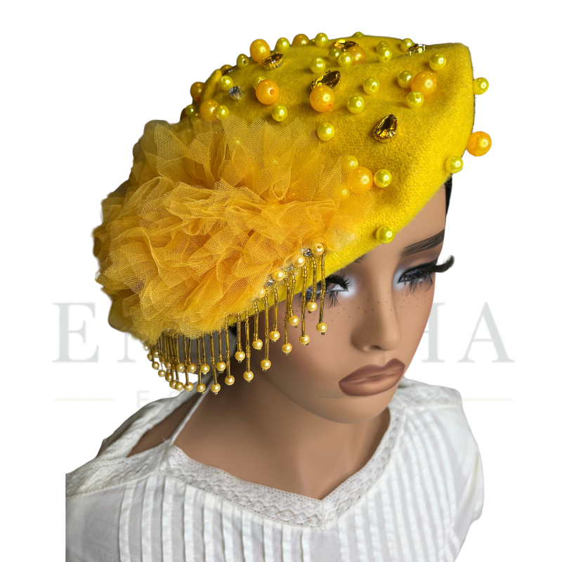 Ruffle Embellished Bead Fringe Beret
