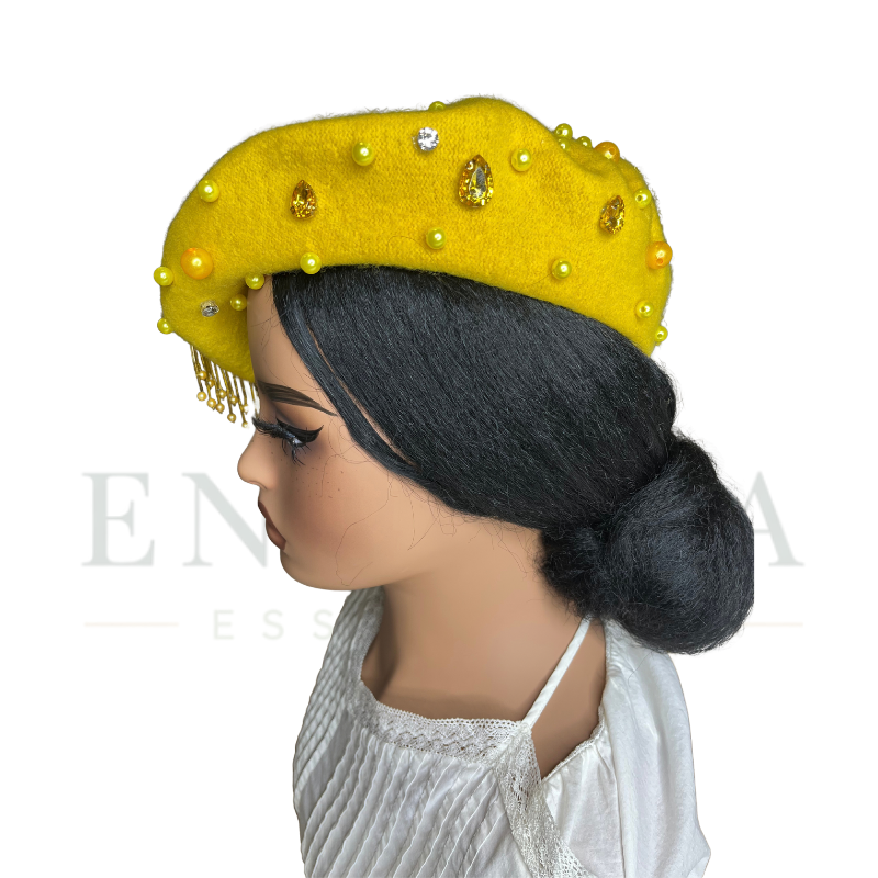Ruffle Embellished Bead Fringe Beret