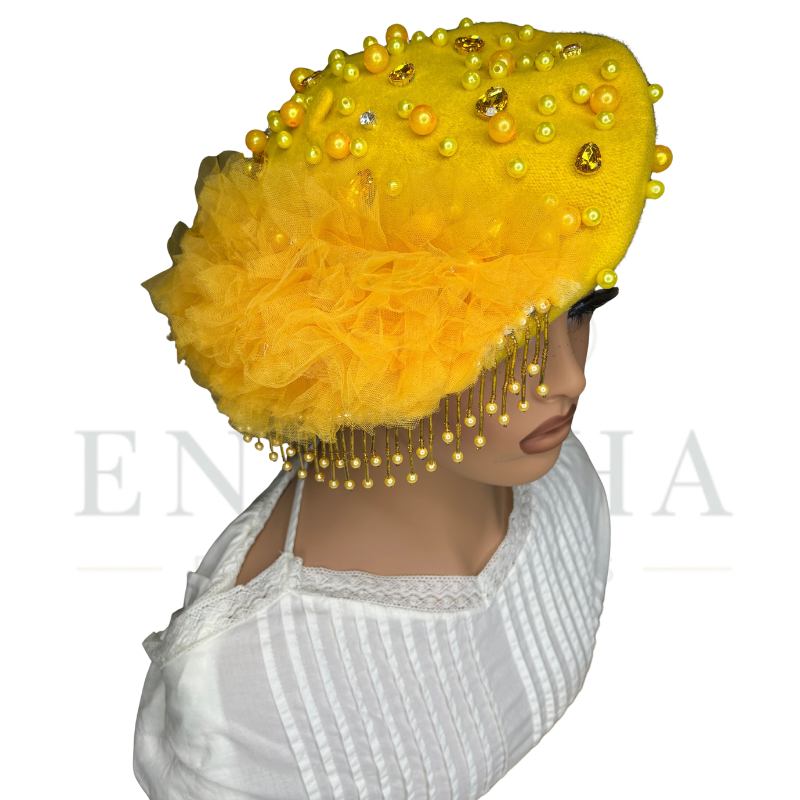 Ruffle Embellished Bead Fringe Beret