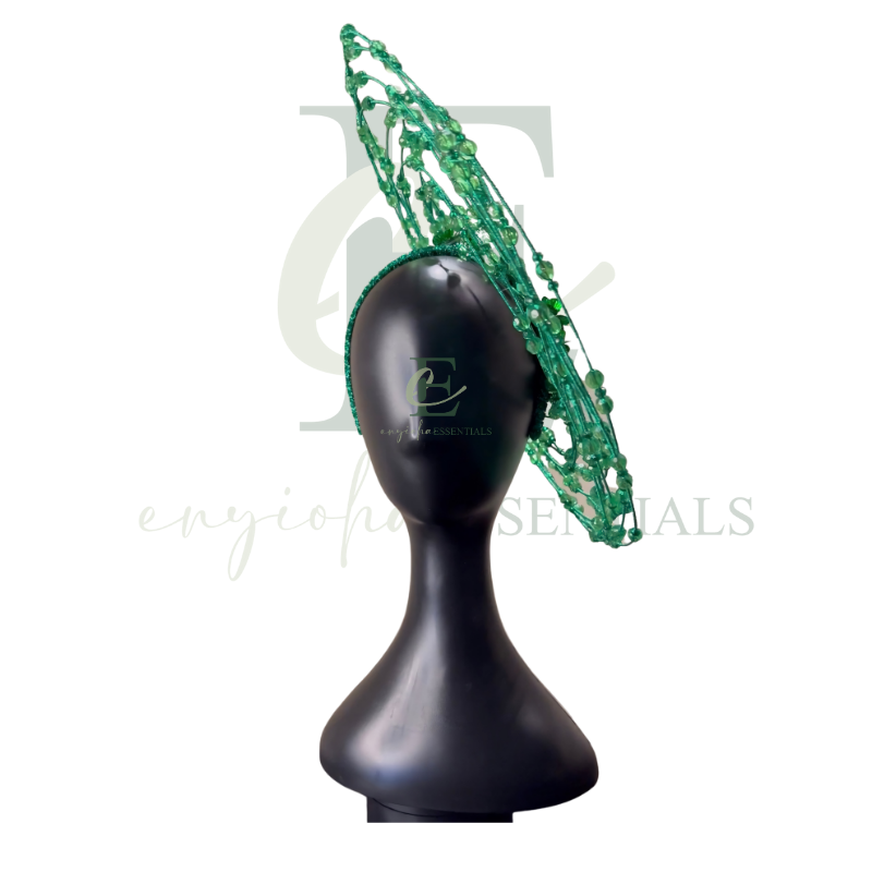 Green Beaded Wire Halo Fascinator with Floral Accents
