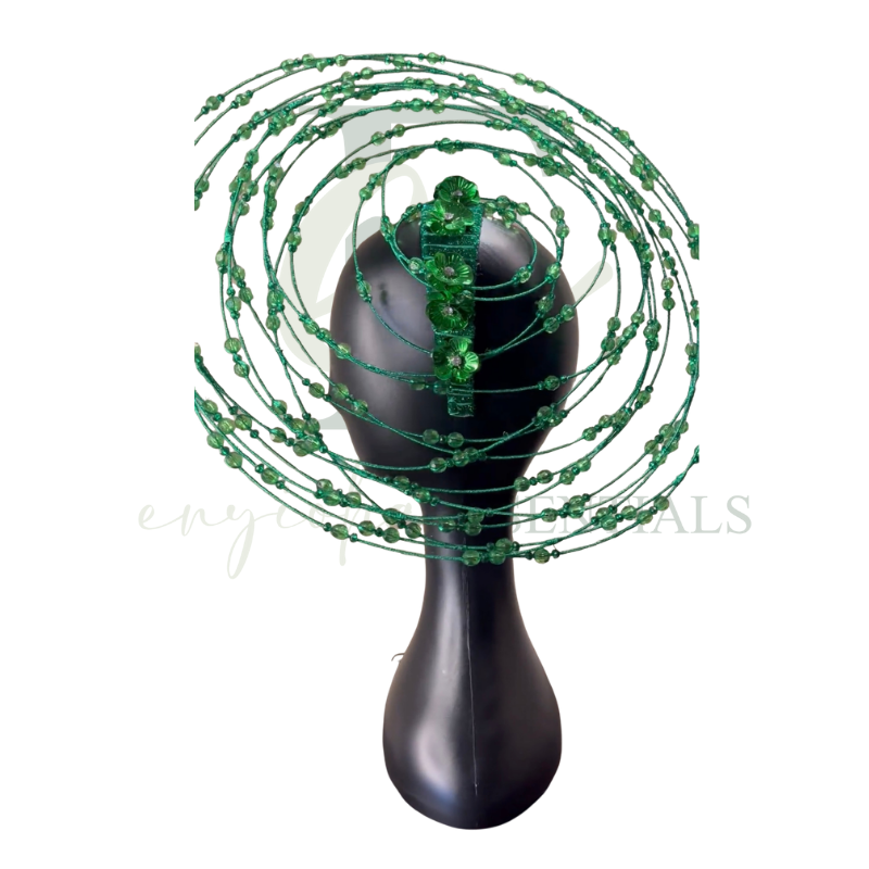 Green Beaded Wire Halo Fascinator with Floral Accents