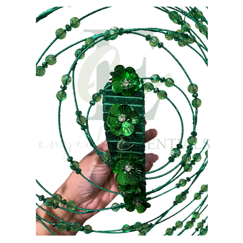 Green Beaded Wire Halo Fascinator with Floral Accents