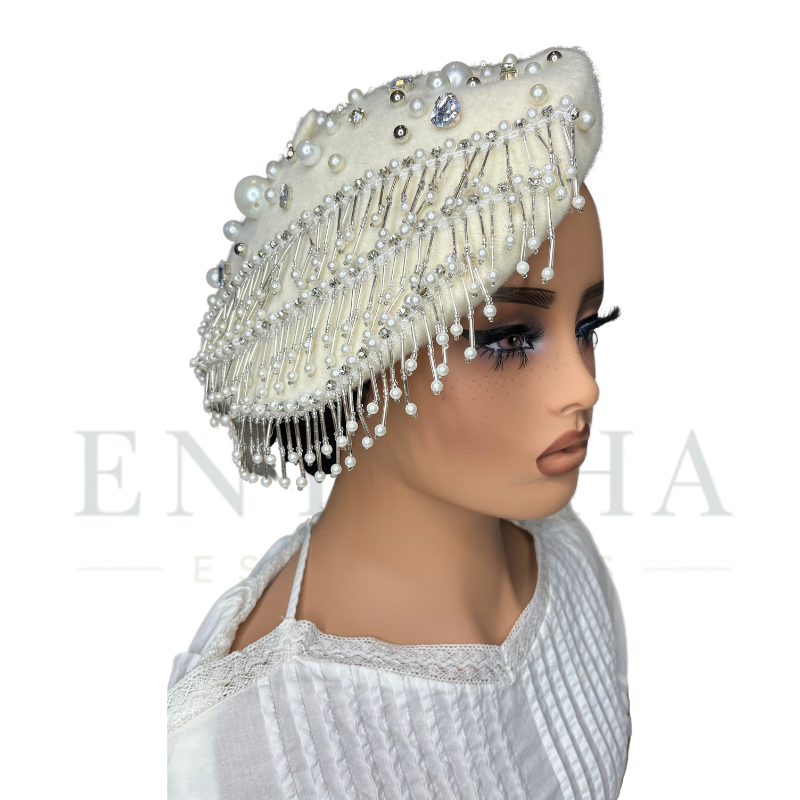 Pearl-Embellished Fringe Beret