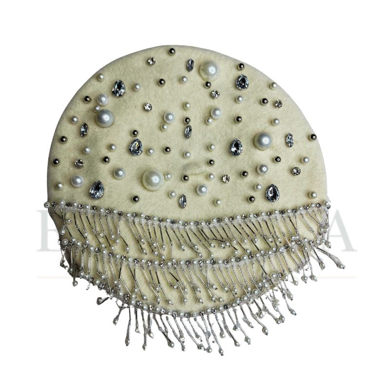 Pearl-Embellished Fringe Beret