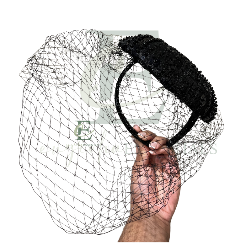 Midnight Royale Beaded Pillbox Fascinator with Veil