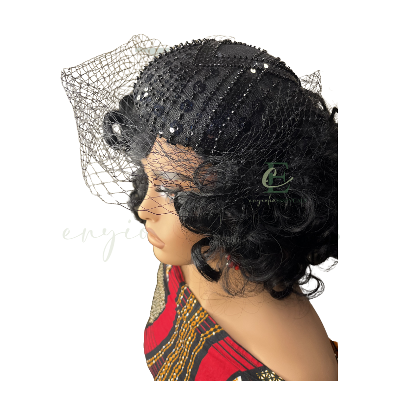 Midnight Royale Beaded Pillbox Fascinator with Veil