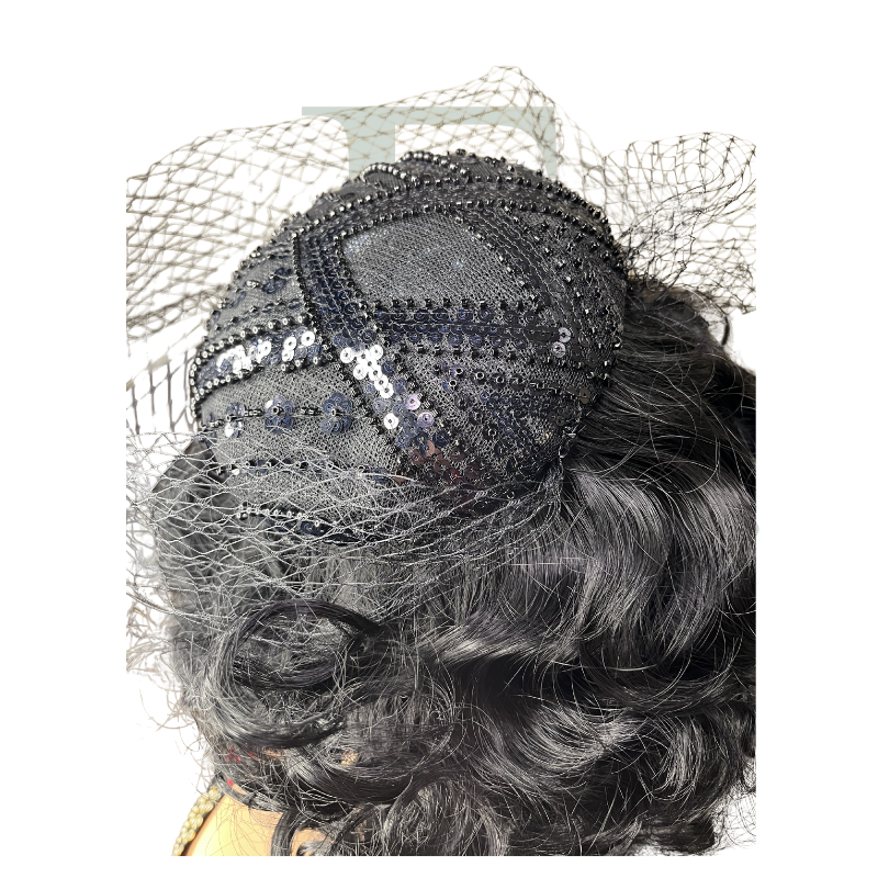 Midnight Royale Beaded Pillbox Fascinator with Veil