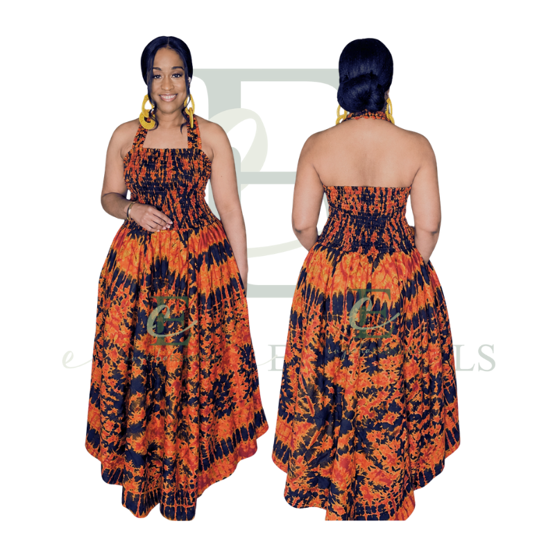 Orange & Black Tie-Dye Halter Long Maxi Dress