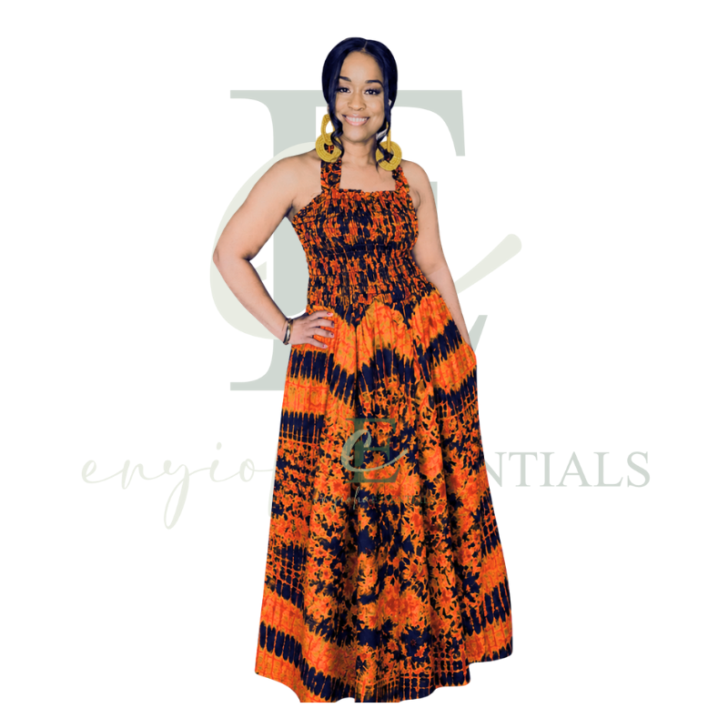 Orange & Black Tie-Dye Halter Long Maxi Dress