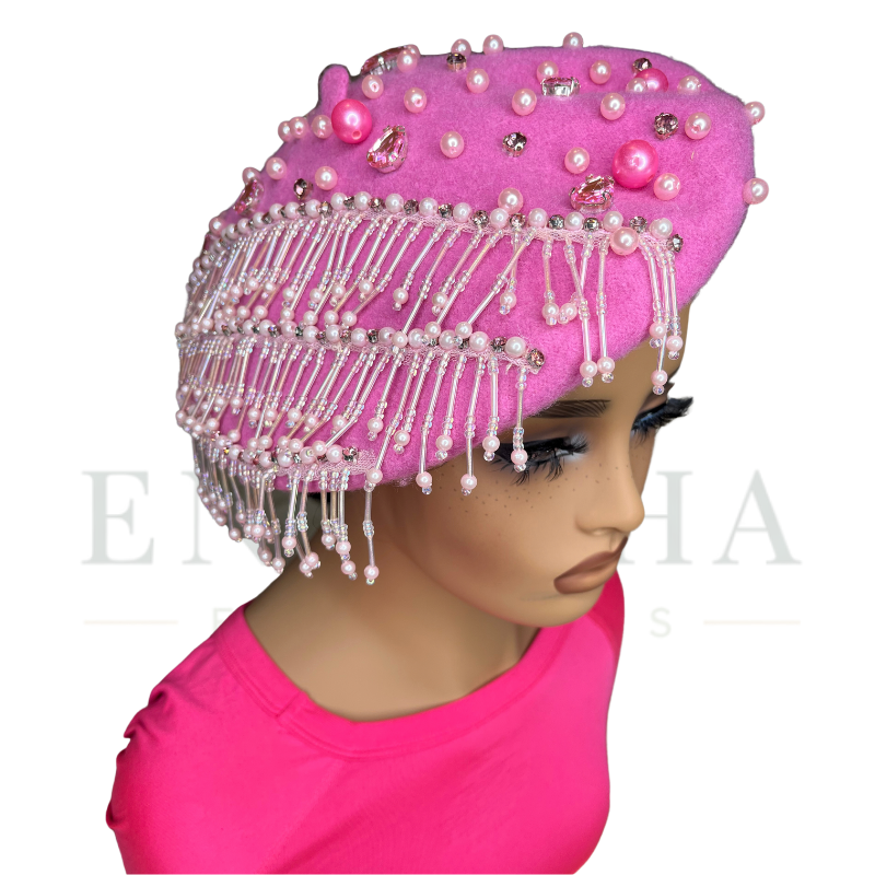 Pearl-Embellished Fringe Beret