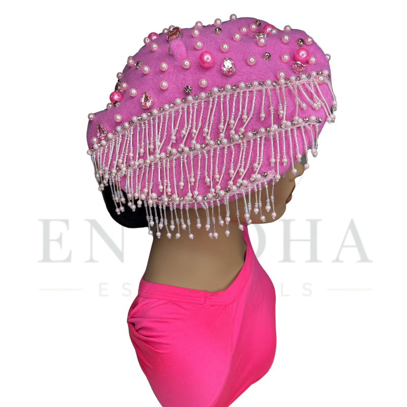 Pearl-Embellished Fringe Beret