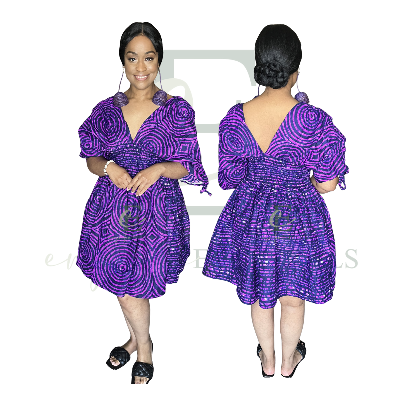 Purple Patterned Smocked Mini Dress