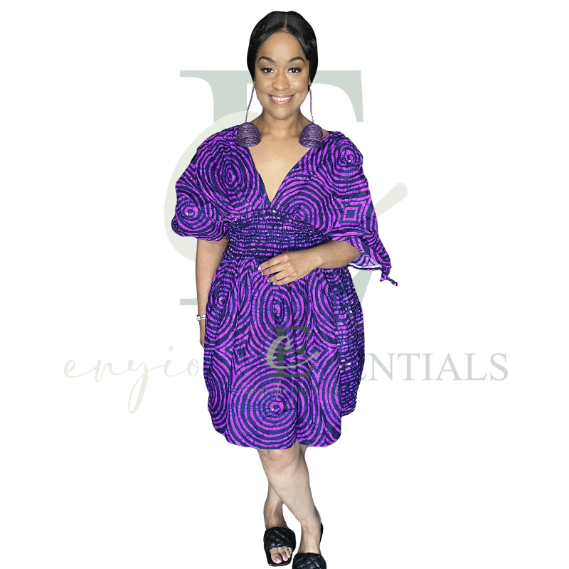 Purple Patterned Smocked Mini Dress