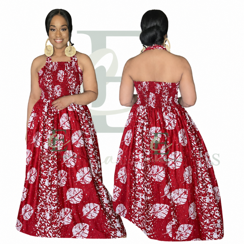 Red Batik Print Halter Long Maxi Dress